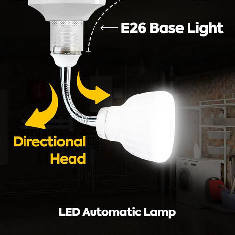 Hella Bright LED Motion And Light Sensor Lamp with E26 base and flexible directional head, ideal for automatic illumination.