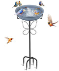 Outdoor Bird Bath That Doubles As A Feeder, Freestanding Garden Birdbath With Removable Bowl, 2 In 1 Design For Patios, Lawns, And Yards, Yard Ready, Durable 5 Prong Base, Easy To Clean, Grey with birds perched and flying around it.