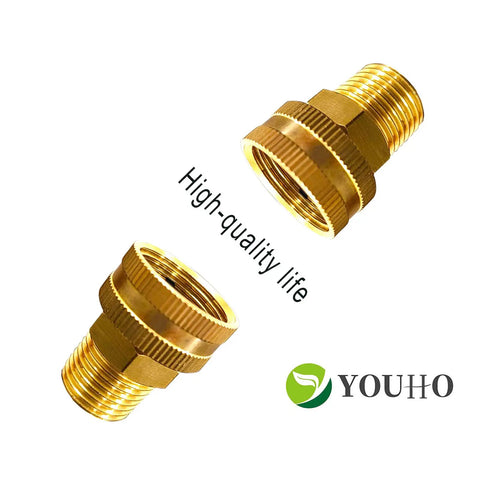 Garden Hose Adapter Two Pack One Half Inch NPT Male To Three Quarter Inch GHT Female Pipe Fittings Connector No Hassle Quick Connect Hose Joint Extension Heavy Duty Repair Fitting, brass adapters.