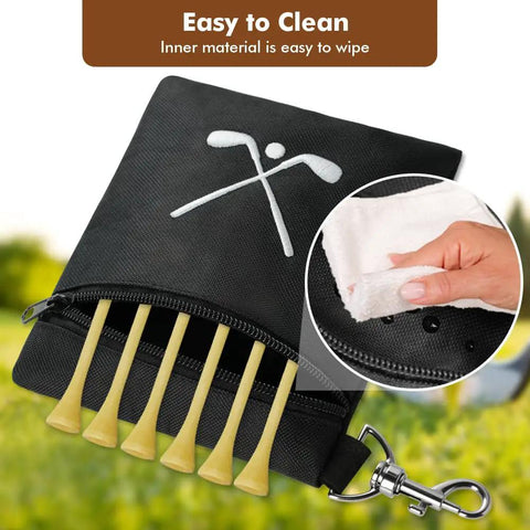 Waterproof Golf Tee Bag With Rotating Clip And Ball Holder Pouch with tees visible and easy-to-clean material, black.