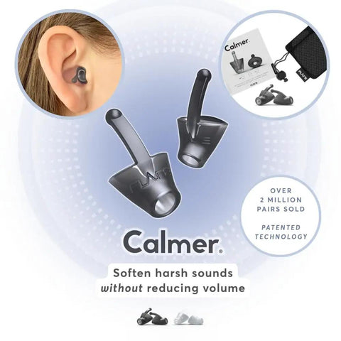 Calmer Noise Reducing Ear Plugs Alternative For Stress Relief And Focus, Silicone Reusable Ear Plugs shown in use and packaging.