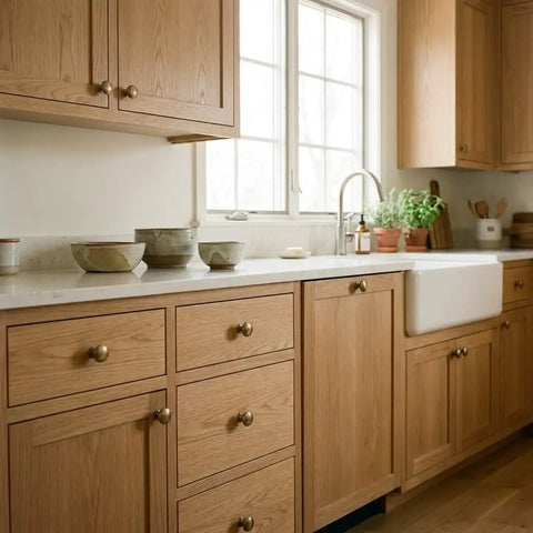 Brushed Antique Brass Cabinet Knob Set 10 Pack One And A Quarter Inch Round Mushroom Style Hardware For Cabinets And Drawers Includes One Inch Mounting Screws Built To Last Metal Drawer Pulls on oak kitchen cabinets