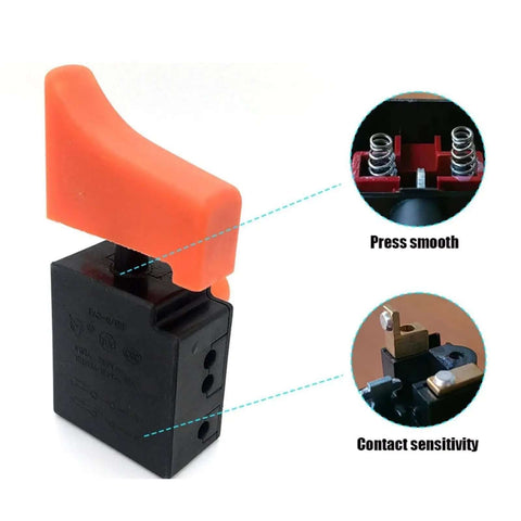 AC220V Switch Replacement For 9227 9237 180mm Polisher Sander Power Tools Spare Parts And Accessories DIY Friendly China Model Type Easy Install Durable Performance For Home Workshop, shown with orange lever and contact details highlighting smooth operation and sensitivity features.