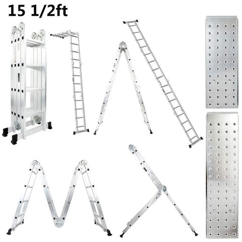 15.5 Feet Aluminum Folding Ladder 7 In 1 Multi Position Workhorse With Secure Click And Lock System Six Joints Converts To Scaffold Leaning Ladder And Stepladder EN131 Standard 330 Lb Capacity For Home And Jobsite., 15 1/2 ft aluminum folding ladder shown in scaffold, A-frame, and extension positions