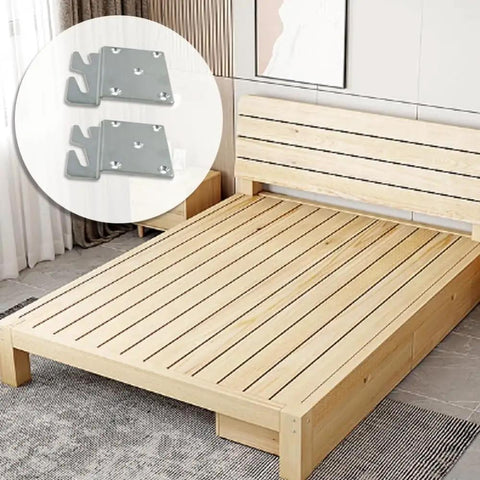 Heavy Duty Universal Bed Rail Hooks Lock Firm Headboard Connectors Knock Out The Squeak Mounts on wooden platform in bedroom.