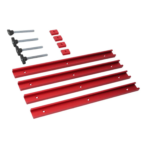 Heavy Duty Aluminum T Slot Rail And Slider Set With Double Groove Profile, Pre-Drilled Mounting Holes For Woodworking Projects Including 4 Connectors For Rock Solid Build Quality, showcasing red rails and connectors.