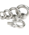 Various sizes of Premium 304 Stainless Steel Lifting Eye Nut Screw Ring Eyebolt M10 for heavy duty rigging.