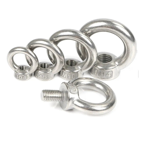 Various sizes of Premium 304 Stainless Steel Lifting Eye Nut Screw Ring Eyebolt M10 for heavy duty rigging.
