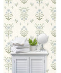 Premium Floral Meadow Wallcovering With A Subtle Matte Linen Texture Hits Different Across Every Room Built Tough For Busy Households Featuring No Sweat Paste To Paper Install, displayed in a bathroom setting.