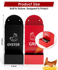 Automatic Gravity Fed Chicken Oyster Shell Feeder 2 Pack Large Capacity Grit Dispenser shown in black and red, dimensions 9.8-inch by 4-inch.