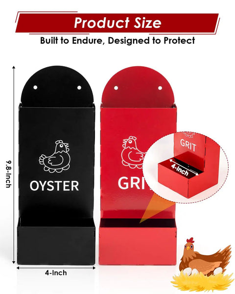 Automatic Gravity Fed Chicken Oyster Shell Feeder 2 Pack Large Capacity Grit Dispenser shown in black and red, dimensions 9.8-inch by 4-inch.