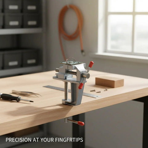 Compact Aluminum Bench Vise Clamp For Small Parts Portable Desktop Holding Tool For Precise Drilling And Filing Keeps Tiny Components Steady And Hands Free With A Sturdy Tightening Mechanism For A Secure Grip And Smooth DIY Assembly 1 Pack on a workbench