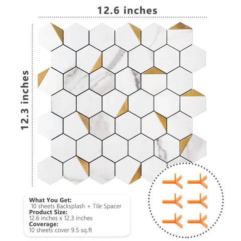 Peel And Stick Kitchen Backsplash Tiles Self Adhesive Hexagon Mosaic In White Marble With Gold Metal Accents Easy DIY Installation