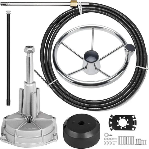 Outboard Rotary Steering System With 14-Foot Steering Cable, 3 Quarter Inch Shaft, 13.5 Inch Stainless Wheel, Marine Boat Steering Kit