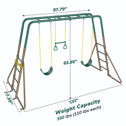 Backyard Swing Set Built Tough With Monkey Bars Trapeze Bar And Two Belt Swings Heavy Duty Metal Playground dimensions diagram