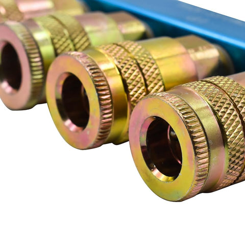 Close-up of Aluminum Rectangular Manifold Kit with Four Quarter Inch Steel Industrial Couplers and One Quarter Inch Steel Plug