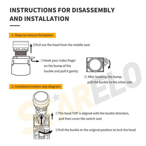 Instructions for disassembly and installation of 22Mm Red Mushroom Emergency Stop Button Switch Latching 1NC Normally Closed Safety Stop Switch 10A 660V IP54 With Yellow Ring For Heavy Duty Industrial Equipment.