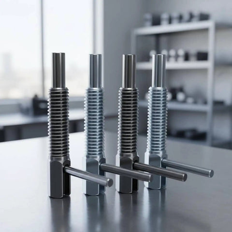 Pro Grade Threaded Spring Indexing Plunger Pin With L Handle, M12 steel, for machinists, shown in various finishes on a table.