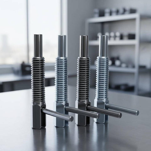 Heavy Duty Spring Indexing Plunger With Rugged L Handle For Snappy Manual Retraction, 4 carbon steel positioning pins on table.