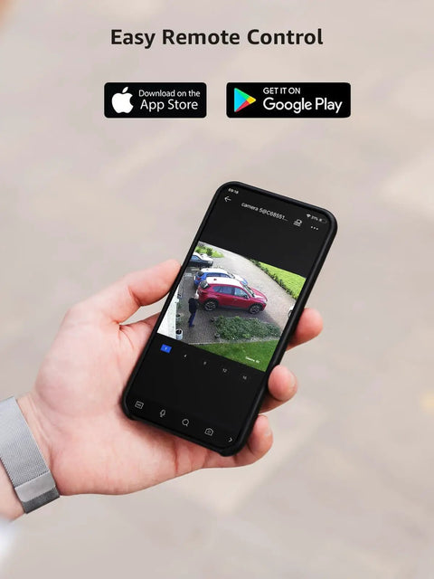 Hand holding smartphone displaying footage from 4K PoE Security Camera With AI Human And Vehicle Detection, outdoor view of a driveway.