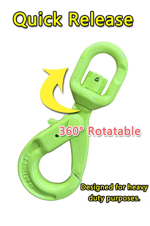 Built Tough Heavy Duty Swivel Lifting Hook With 6945 Lbs Capacity For Hoists And Cargo Lifts 360 Degree Swivel Eye Self Locking Design To Prevent Chain Twist And Keep Your Gear Secure, green alloy steel quick release hook