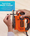 Hands demonstrating tool-free blade change on Powerful 5 Amp Corded Jig Saw With 3000 Bpm Blade Speed, Three Quarter Inch Orbital Action.