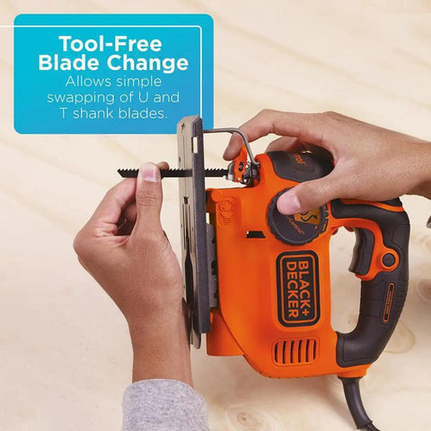 Hands demonstrating tool-free blade change on Powerful 5 Amp Corded Jig Saw With 3000 Bpm Blade Speed, Three Quarter Inch Orbital Action.