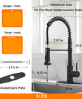 Black RV Kitchen Faucet With Pull Down Sprayer For RV Kitchen Sink, dimensions and deck plate shown, single handle