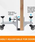 Heavy Duty Door Lifter Dolly Twin Pack For Doors From One And Three Eighths Inches To Two And One Half Inches Prehung Slab Front Steel Doors Installation Tools For Commercial And Residential Use showing adjustable fit and wheels