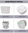 Collapsible Portable Washer With Fast Spin Cycle And 20L Capacity Built For Dorms Apartments Road Trippin Or Tailgate Gear Easy Snap Fold Design For Lazy Sundays Gray features draining basket, concealed drains, handle, and suction cups.