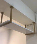 Rock Solid Heavy Duty Ceiling Mount Shelf Brackets 11.8 Inch Gold Metal Hanging Supports For Kitchen And Living Room Set Of Three, displaying mounted brackets with white shelf.