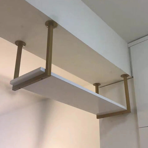 Rock Solid Heavy Duty Ceiling Mount Shelf Brackets 11.8 Inch Gold Metal Hanging Supports For Kitchen And Living Room Set Of Three, displaying mounted brackets with white shelf.