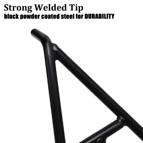 Close-up of Triangle Dirt Bike Stand Built Like a Tank, Solid Steel Frame with sturdy welded tip and black powder coat.