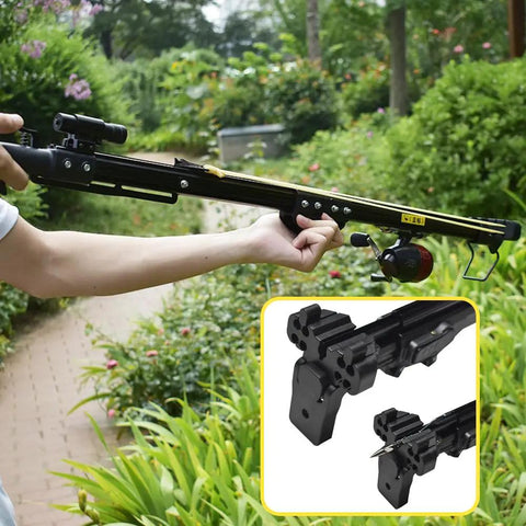 Person holding black slingshot rifle with fishing darts outdoors, inset shows detail of Beefed Up Fishing Darts For Slingshots Package D