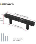 30 Pack Matte Black Cabinet Pulls 3 Inch T Bar Drawer Handles For Your Kitchen Cabinets And Cupboards Built To Last Durable Stainless Steel Construction 5 Inch Overall Length Square Bar Half Inch Rust Resistant Hardware, diagram with dimensions