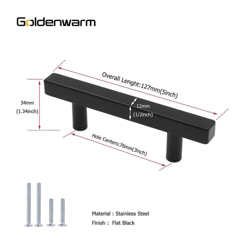 30 Pack Matte Black Cabinet Pulls 3 Inch T Bar Drawer Handles For Your Kitchen Cabinets And Cupboards Built To Last Durable Stainless Steel Construction 5 Inch Overall Length Square Bar Half Inch Rust Resistant Hardware, diagram with dimensions