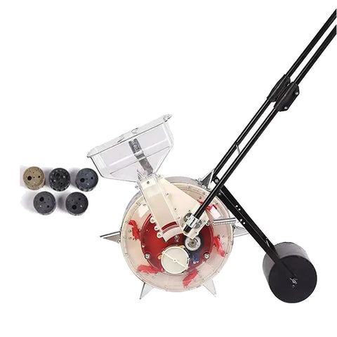 Garden Seed Dispenser and Row Crop Planter for Easy Sowing with 10 Seed Mouths and 5 Seed Wheels, side view
