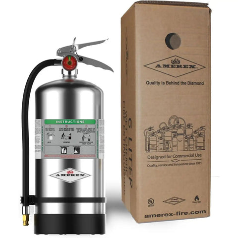Six Liter Class K Wet Chemical Fire Extinguisher Packed With Stainless Steel Valve And Wall Mount Hanger For Commercial Kitchen Grease Flames Ready To Squash Hot Oil And Save The Day