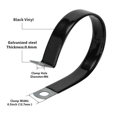 Half Inch Vinyl Dipped Cable Clamps Pack Of 20 Zinc Plated Steel With Rubber Coated Finish; close-up showing black vinyl coating.
