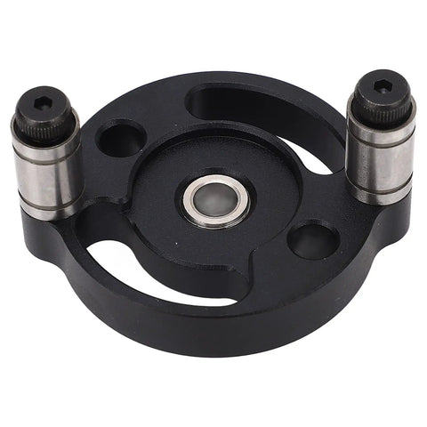 Pro Grade Self Centering Doweling Jig With Eight Precision Drill Bushings And Hole Punch Locator For Smooth Wood Assembly Built Tough From Rust Proof Aluminum Alloy For Hassle Free Dead On Results Black close-up of aluminum jig component with guide bushings.