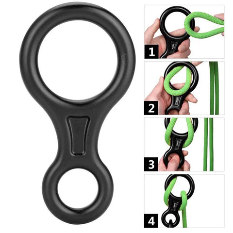 Figure 8 Descender for Climbing Beefy Aluminum Rigging Plate 35 kN Capacity Outdoor Rappel Gear Belay Device and Downhill Ring for Rock Climbing Black in use.