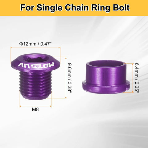 5 Pack M8 Aluminum Alloy Single Chain Ring Bolts For Bicycle Crankset Nuts And Chainwheel Screws Purple Finish Dope Upgrade Kit For Road And Mountain Bikes showing bolt dimensions.