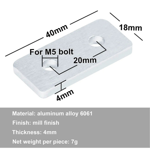 12 Pcs 2020 Aluminum Extrusion T Slot Joining Plates For 2020 And 2040 Aluminum Profiles, 6061 Aluminum Alloy Mill Finish, 0.156 Inch Thick, Two Hole Flat Plate Connectors With Pre Punch Holes For Easy Frame Assembly. 40x18mm plate for M5 bolts