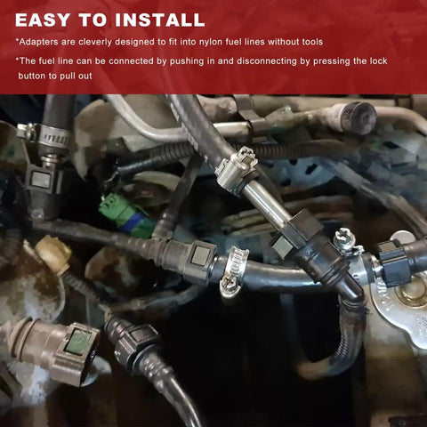 Two Pack Nylon Fuel Line Quick Connectors With Seal Ring, 3/8 To 5/16 Inch Push On Barb Adaptor installed in engine bay