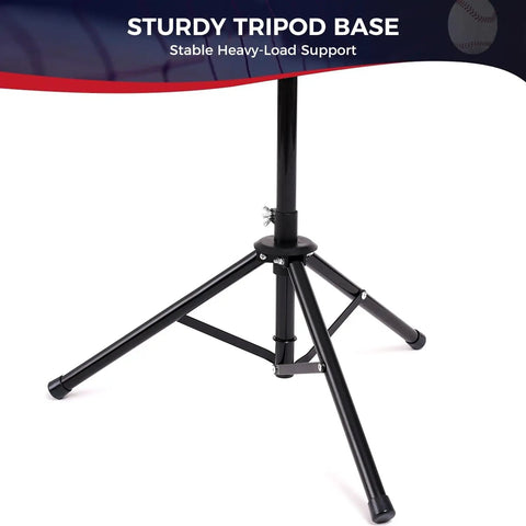 Adjustable Batting Tee With Tripod For Baseball And Softball, Height From 29.5 To 41.3 Inches, showing sturdy tripod base.