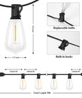 Diagram of 30 Ft LED Outdoor String Lights With 16 Edison Shatterproof Bulbs Commercial Grade Patio Lights showing dimensions and features.