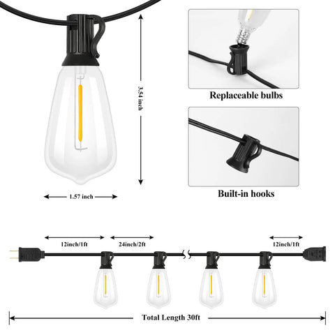Diagram of 30 Ft LED Outdoor String Lights With 16 Edison Shatterproof Bulbs Commercial Grade Patio Lights showing dimensions and features.