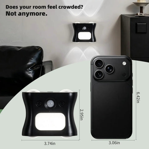 Motion Sensor Light Indoor with Remote, Rechargeable Wireless LED Sconce beside a smartphone, showing dimensions and design.