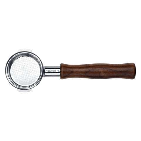 58mm Bottomless Portafilter For Breville Dual Boiler Espresso Machines With An 18 Gram Basket And Solid American Walnut Handle top view