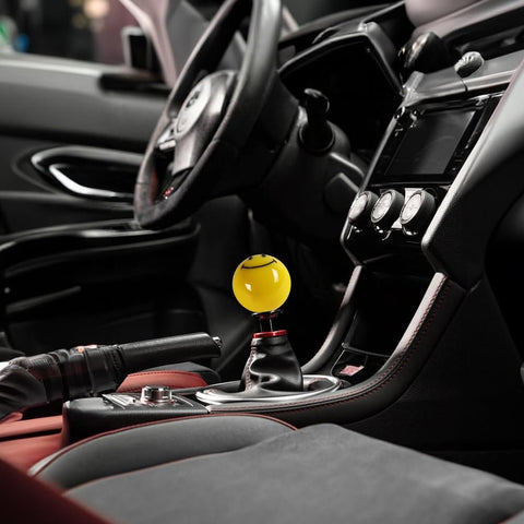 Universal JDM Racing Smile Face Yellow Resin Gear Shift Knob For Manual 5 Or 6 Speed Cars With Durable Acrylic Build installed in car